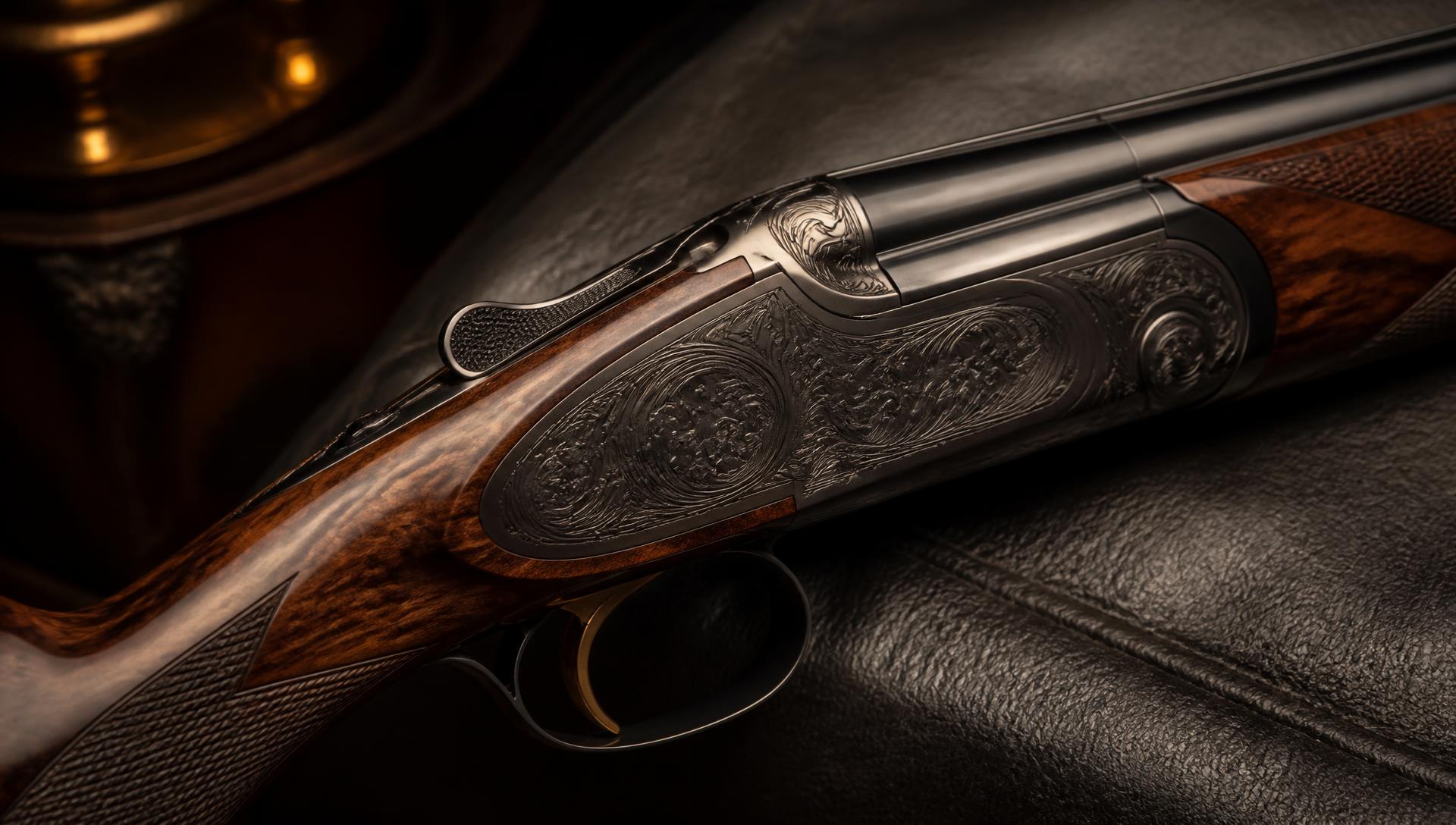 Competition over-and-under shotgun with hand-engraved blued receiver and figured walnut stock on dark leather